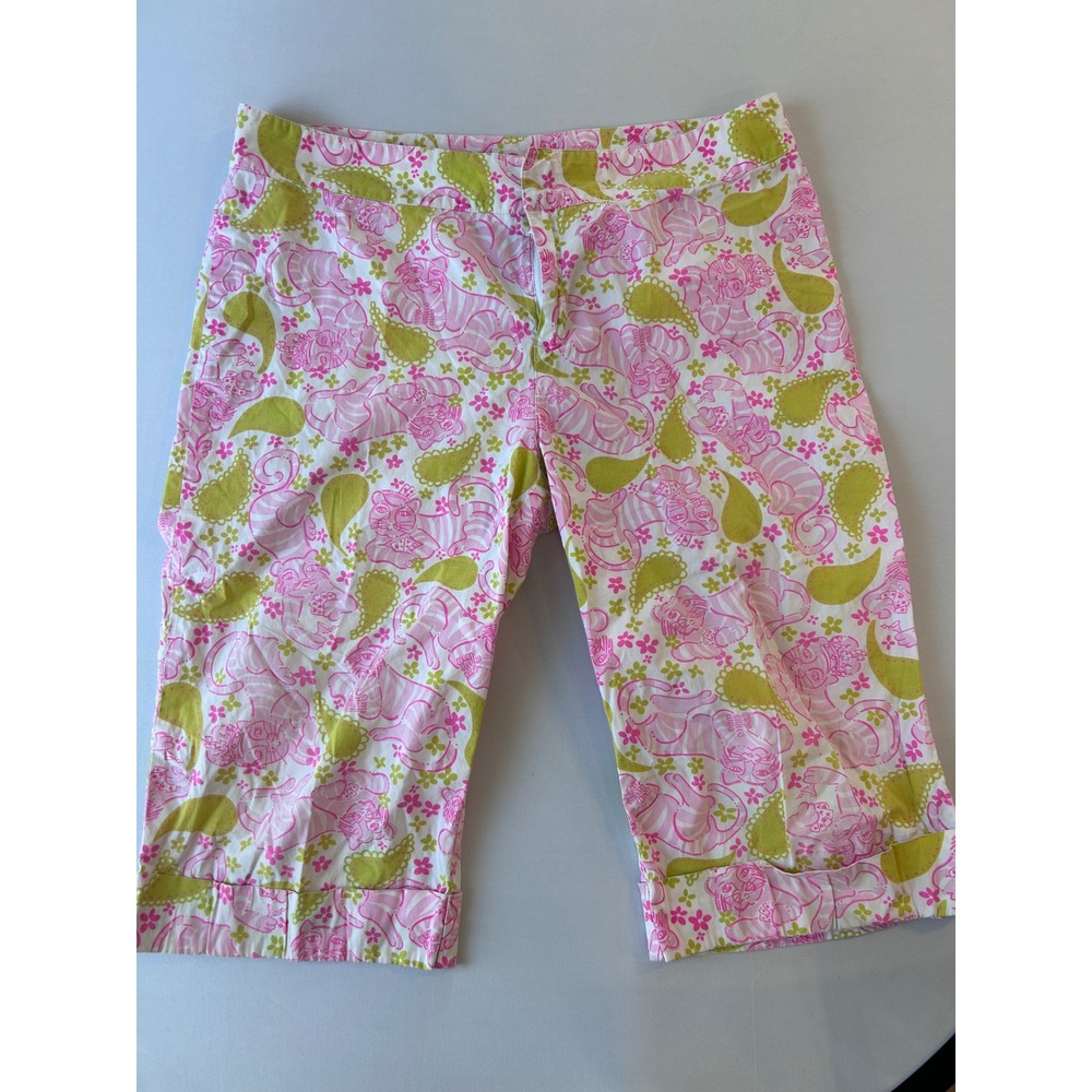 Lilly Pulitzer Capri Pants Womens 10 Pink Green Paisley Cat Print Cropped